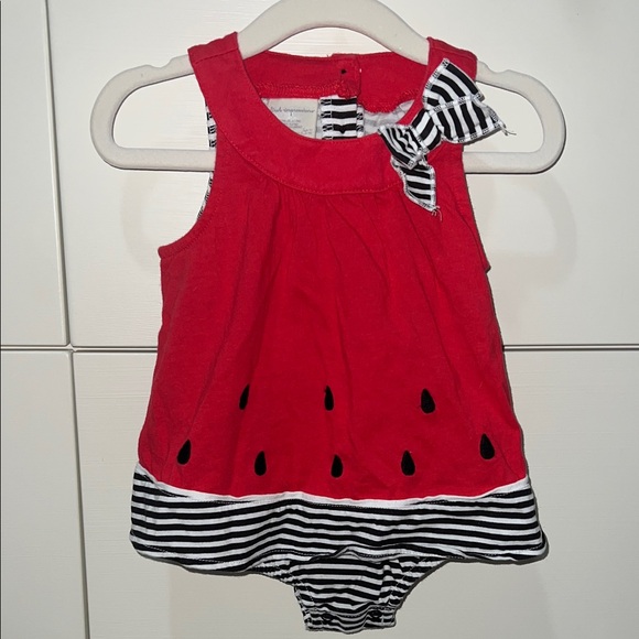 NWOT First Impressions Red Watermelon Baby Bubble Romper with Striped Bow - Picture 1 of 3